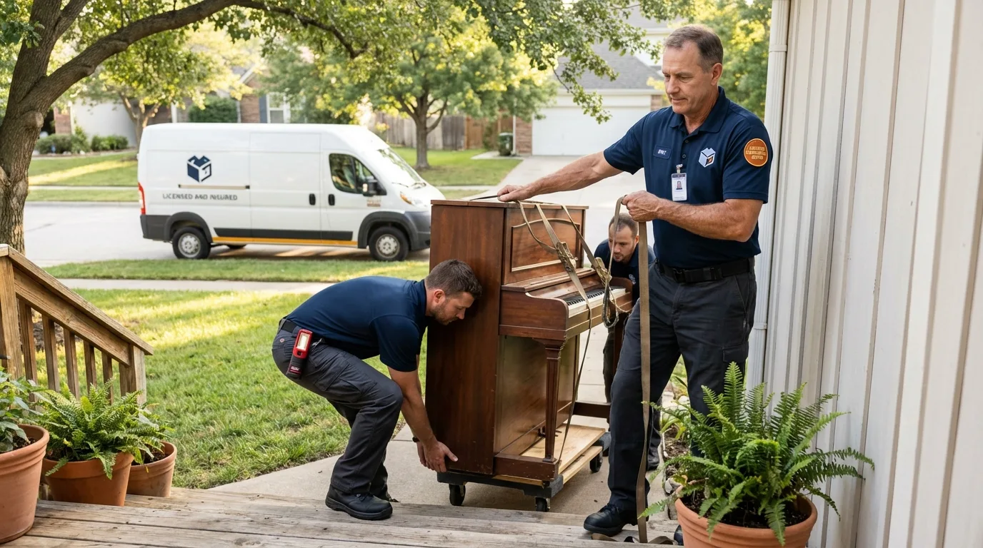 Licensed piano movers securing grand piano in Wayland, MI