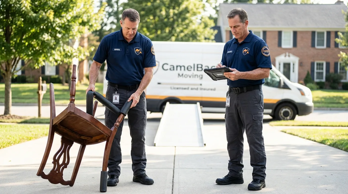 Movers inspecting furniture for damage prevention before loading in Wayland, MI