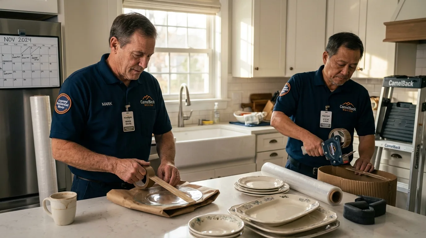 Professional crew packing kitchen dishware in Wayland, MI